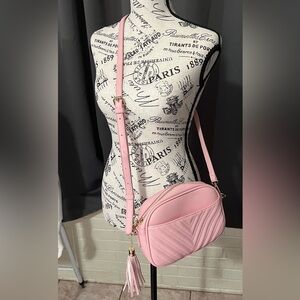 Women's Pink Quilted Crossbody Bag with Tassel Accent